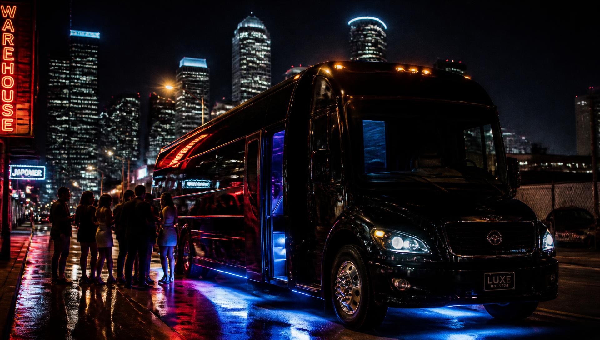 Blacked-out luxury party bus glowing with red and blue neon on a downtown Houston street at night